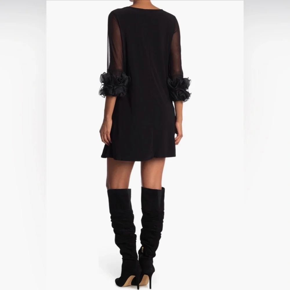 Nina Leonard Ruffle Mesh Sleeve Dress Black Size‎ 2X